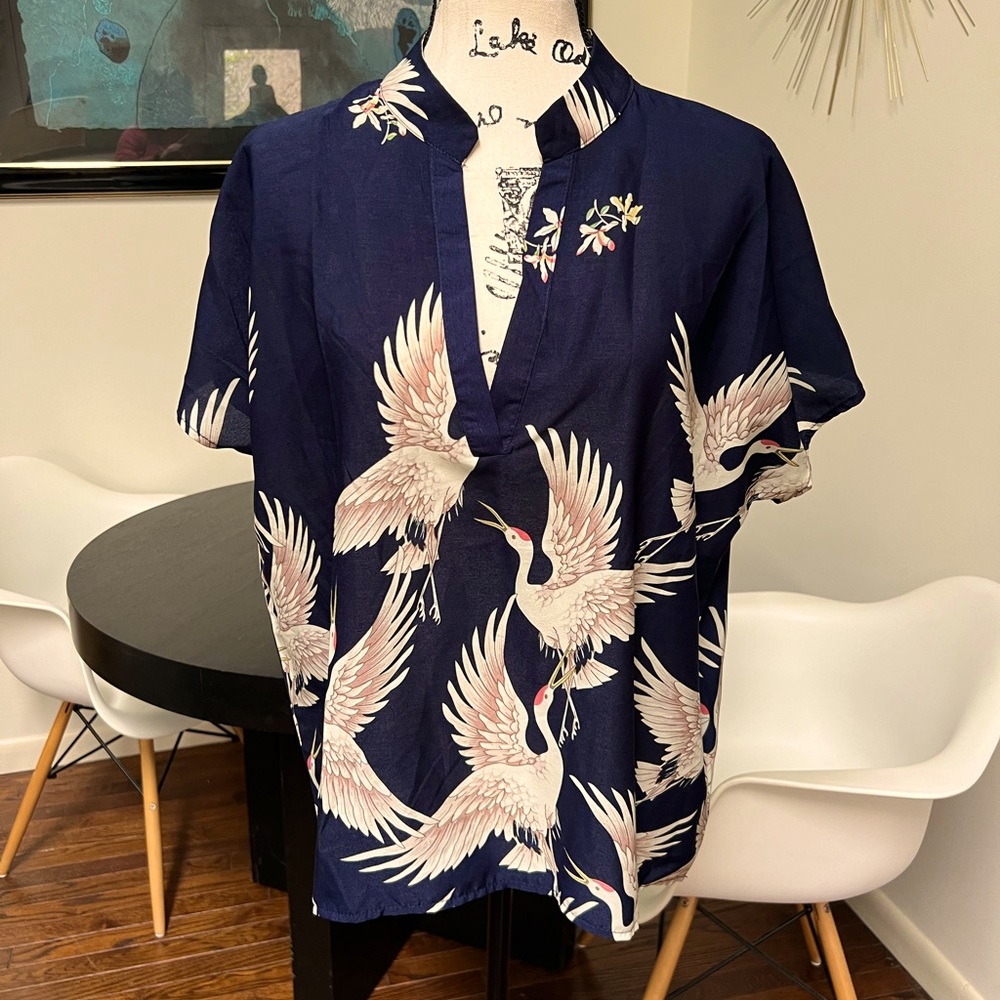 Navy VNeck Top with Birds.